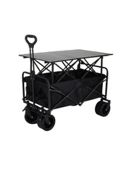 Black folding utility wagon cart with tabletop and side storage bags