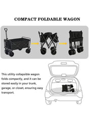 Black compact folding utility wagon cart with tabletop and side storage bags