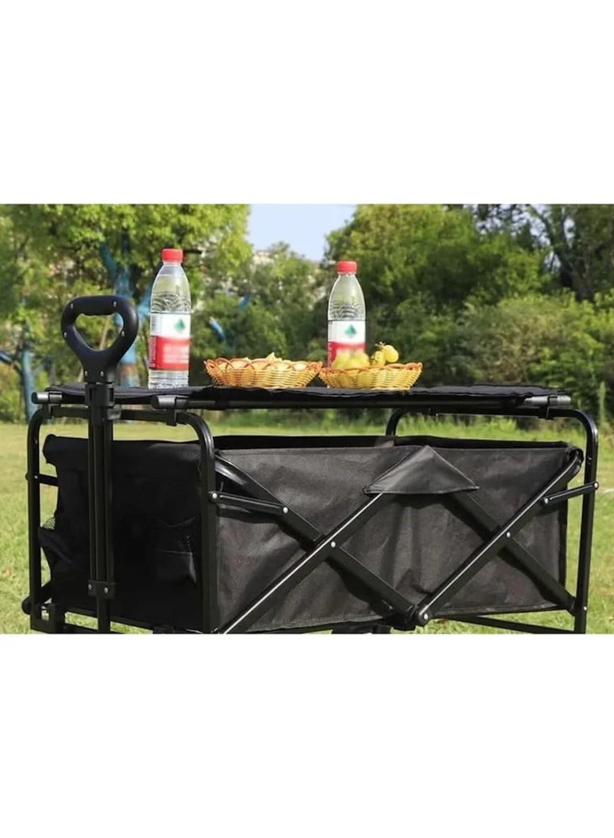 Black folding utility wagon cart with tabletop, front rail, and side storage panels