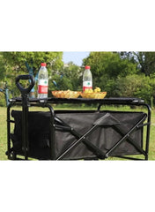 Black folding utility wagon cart with tabletop, front rail, and side storage panels