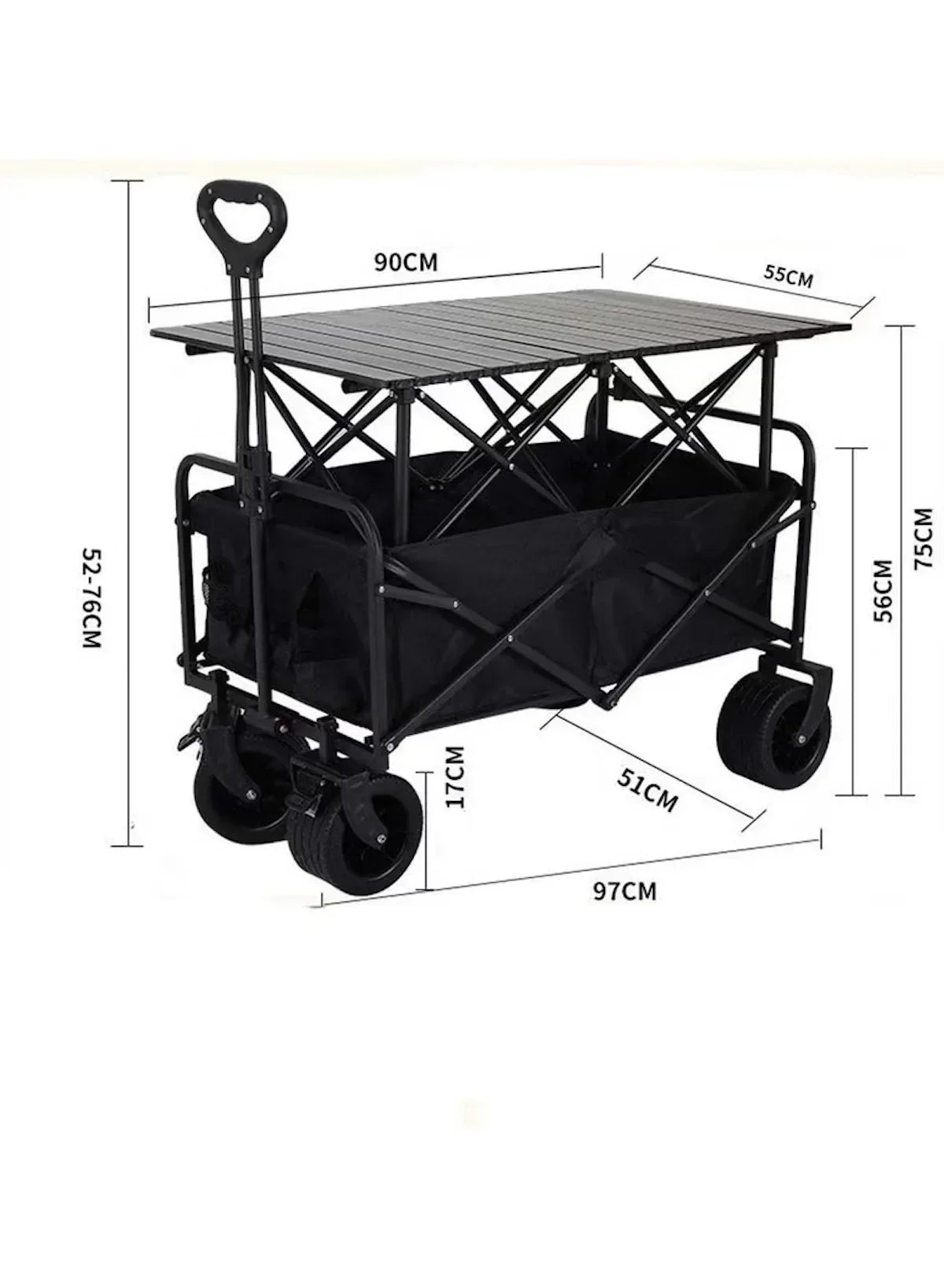 Black folding utility wagon cart with tabletop, shown with size measurement labels