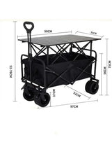 Black folding utility wagon cart with tabletop, shown with size measurement labels