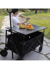Black folding utility wagon cart with tabletop holding food and side storage bin