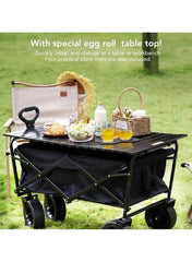 Black folding utility wagon cart with tabletop and storage cover with handles