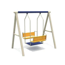 Outdoor double bench swing set with blue frame, cream posts, orange seats
