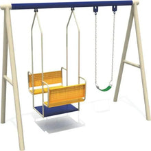 Outdoor swing set with double bench swing and single green seat swing under frame
