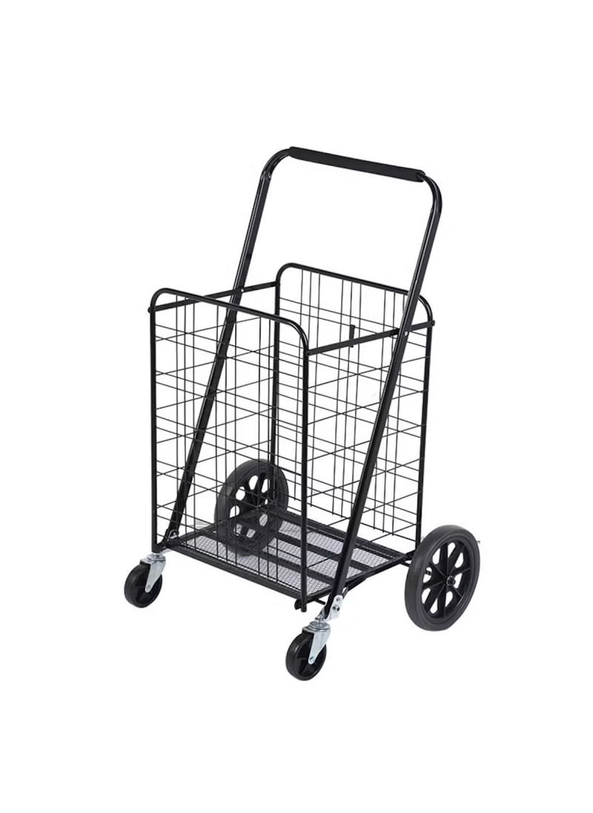 Huitich black metal laundry basket heavy-duty shopping cart trolley with large wheels and handle