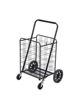 Heavy-duty shopping cart trolley with black wire basket, curved handle, and four wheels