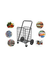 Heavy-duty shopping cart trolley with black wire basket, curved handle, and four small wheels