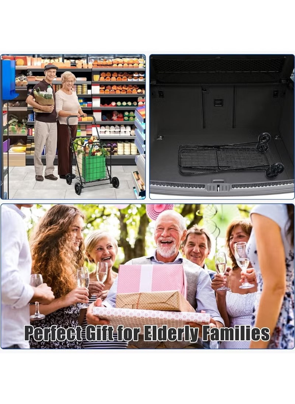 Huitich heavy-duty shopping cart trolley used by elderly couple for groceries and storage in car trunk