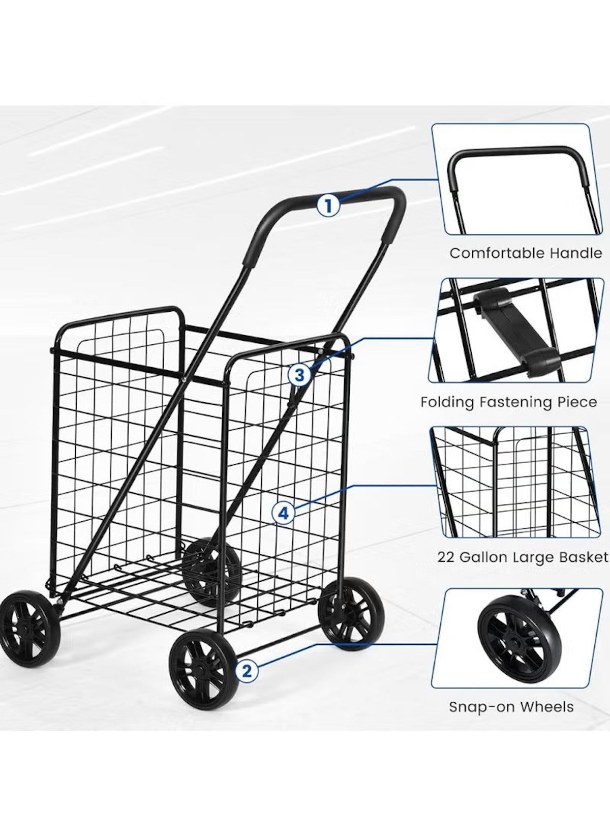 Huitich heavy-duty shopping cart trolley with comfortable handle foldable frame and 22 gallon large basket