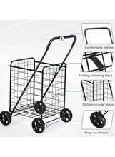 Heavy-duty shopping cart trolley with folding handle, large 22-gallon mesh basket, snap-on wheels