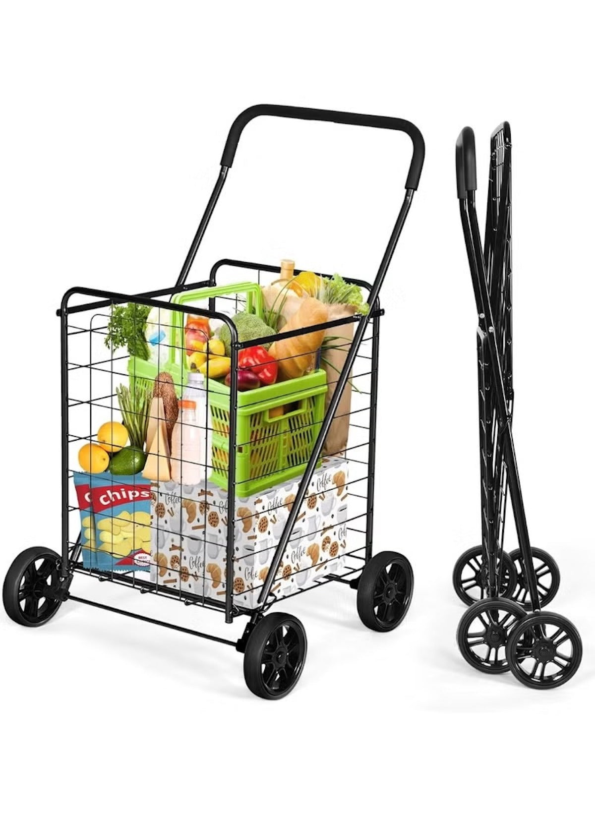 Huitich heavy-duty shopping cart trolley metal frame with four wheels and foldable design carrying groceries