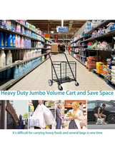 Heavy-duty shopping cart trolley with large wire basket and curved handle, four caster wheels