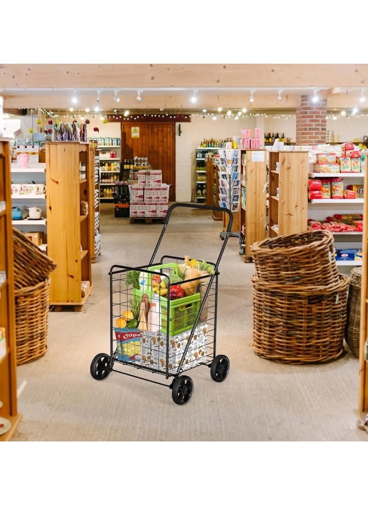 Huitich heavy-duty shopping cart trolley with black metal frame and four wheels filled with groceries