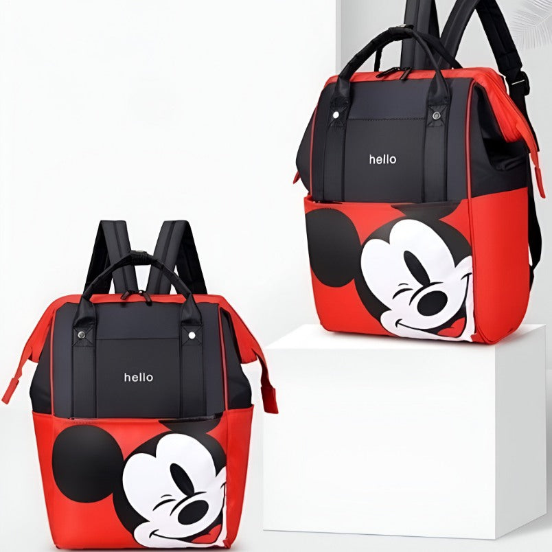 Huitich cartoon baby travel bag in red and black with playful mouse face design and hello text