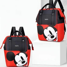 Red and black baby travel backpacks with Mickey-style face print