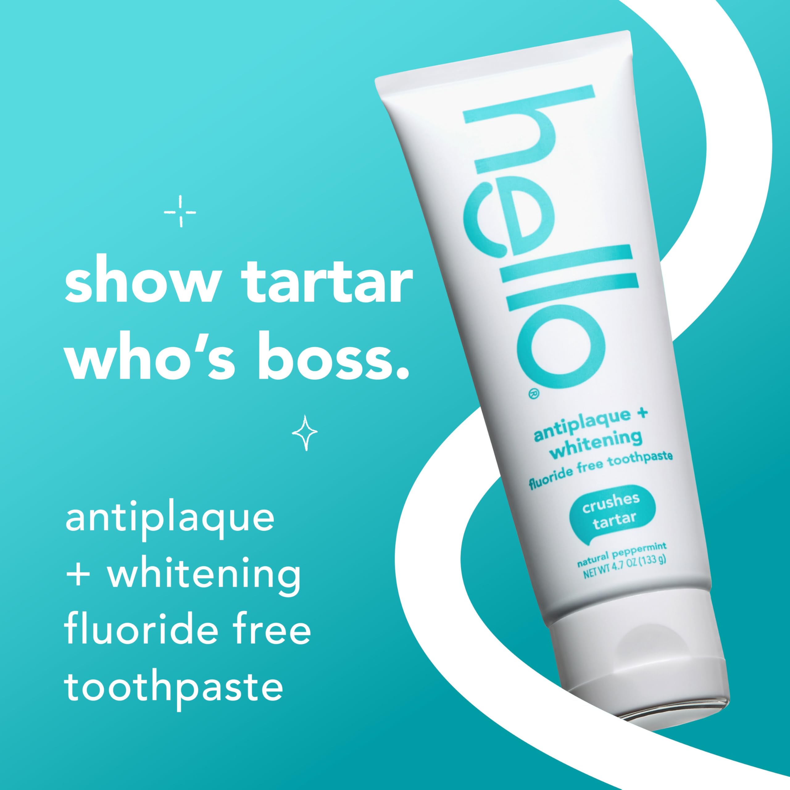 Hello antiplaque toothpaste tube on teal background with text show tartar whos boss fluoride free whitening toothpaste