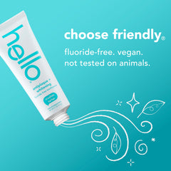 hello toothpaste tube on teal background with swirls and choose friendly text fluoride free whitening toothpaste