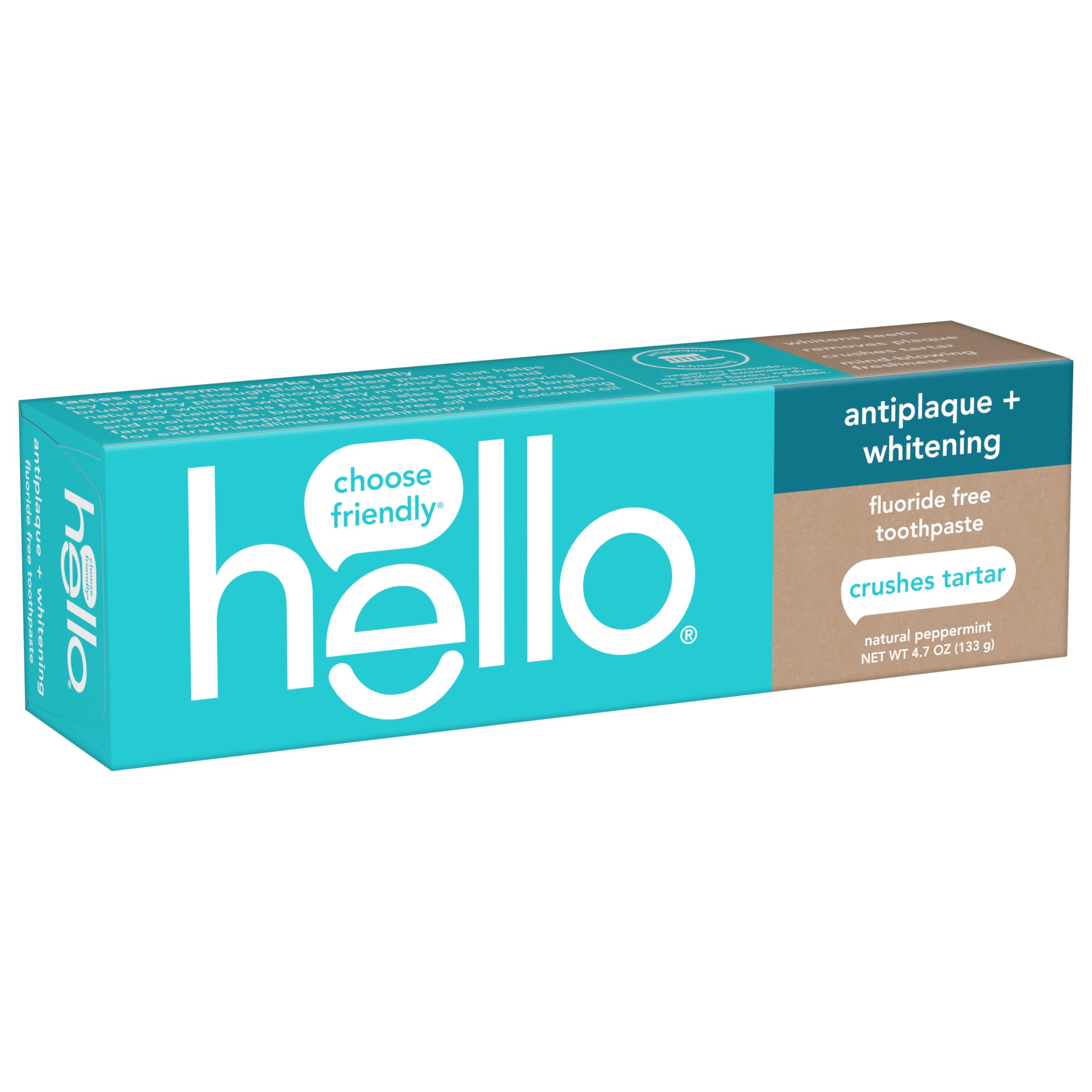 Hello antiplaque and whitening toothpaste box natural peppermint flavor crushes tartar fluoride free whitening toothpaste