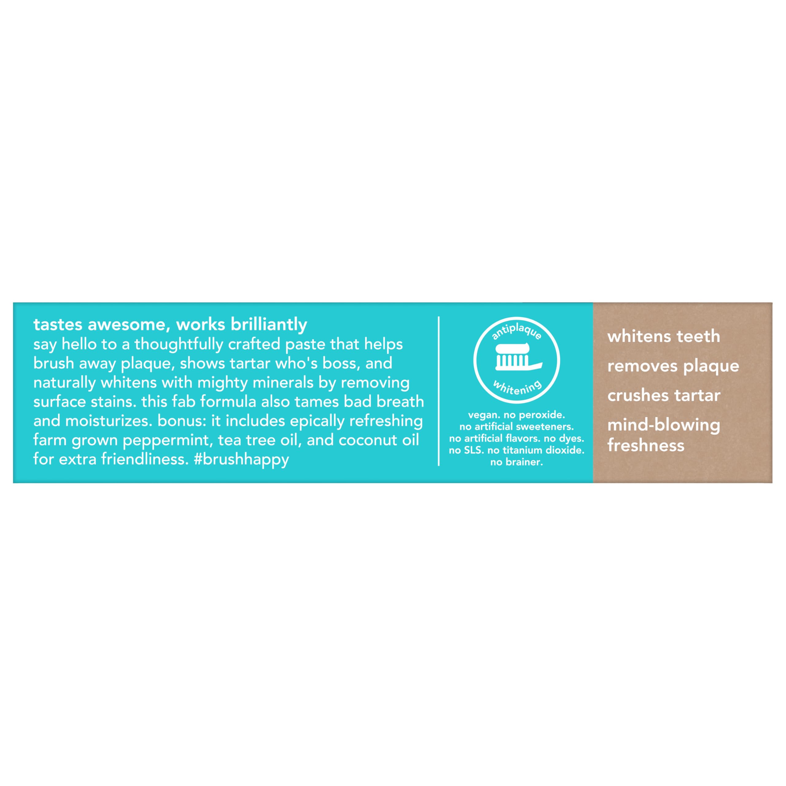 hello toothpaste label describing peppermint fluoride free whitening toothpaste that whitens teeth and removes plaque