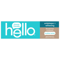 Hello antiplaque whitening toothpaste in teal packaging peppermint flavor tartar control fluoride free whitening toothpaste
