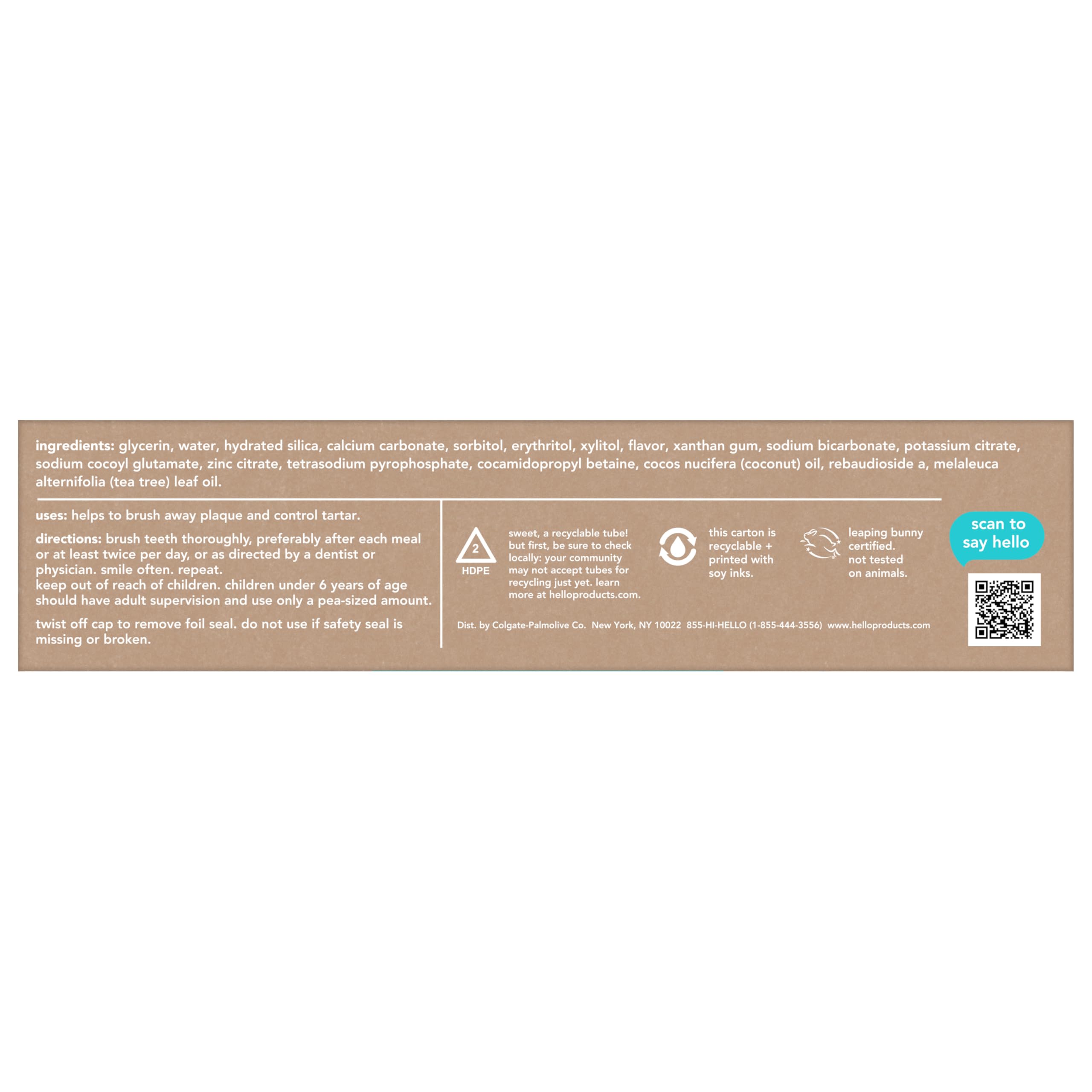 Hello fluoride free whitening toothpaste brown ingredient and directions label with QR code and icons