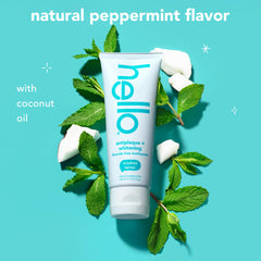 Hello peppermint toothpaste tube with coconut oil and mint leaves fluoride free whitening toothpaste