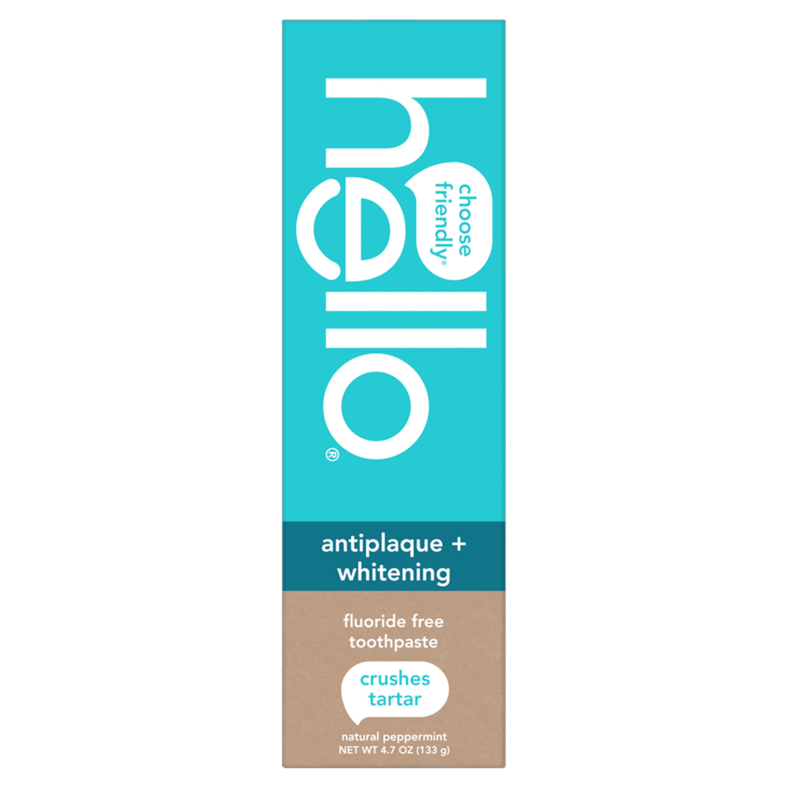 Hello antiplaque and whitening toothpaste box in teal and brown fluoride free whitening toothpaste natural peppermint