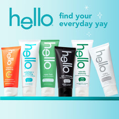 Hello brand lineup of colorful toothpaste tubes including fluoride free whitening toothpaste options and flavors