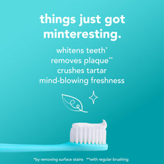 hello mint toothpaste ad with toothbrush and whitening claims on teal background fluoride free whitening toothpaste
