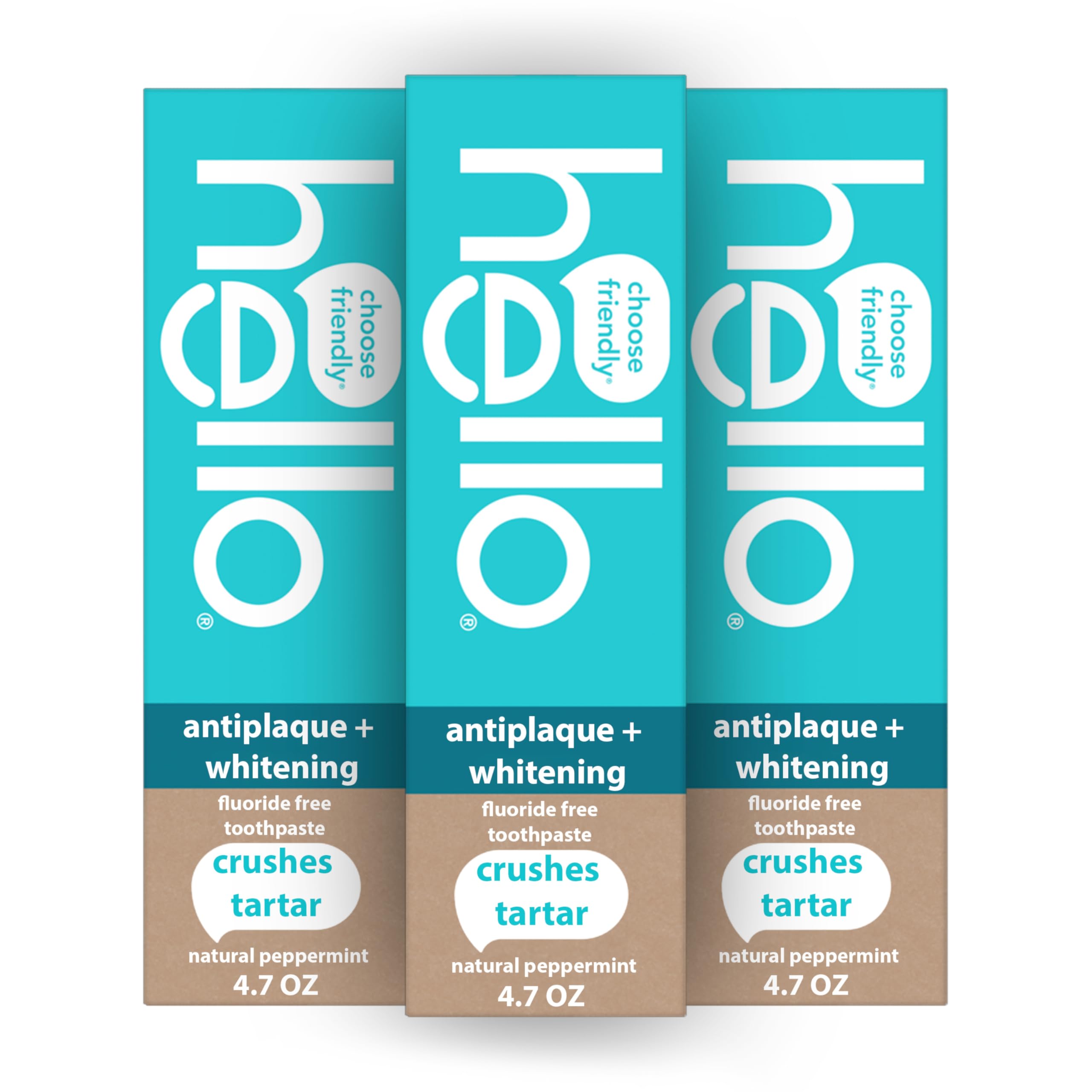 Three Hello antiplaque whitening toothpaste boxes in turquoise natural peppermint 4.7 oz fluoride free whitening toothpaste