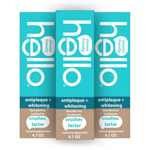 Three Hello antiplaque whitening fluoride-free toothpaste boxes, 4.7 oz