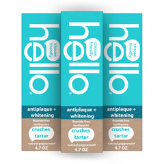 Three Hello antiplaque whitening toothpaste boxes in turquoise natural peppermint 4.7 oz fluoride free whitening toothpaste