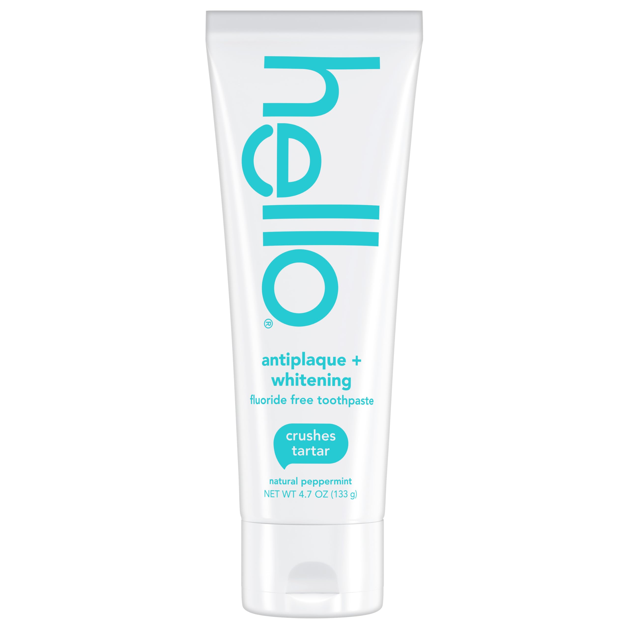 hello antiplaque whitening toothpaste tube in white with turquoise logo natural peppermint fluoride free whitening toothpaste