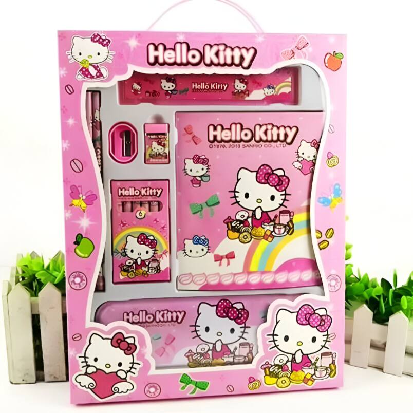 Huitich 8 piece Hello Kitty school kit pink themed with notebook ruler sharpener and more