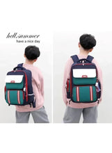 Kids 2-wheel trolley backpack, teal and green panels with front white pocket