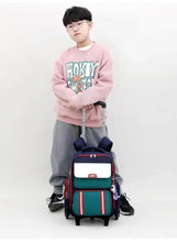Kids 2-wheel trolley backpack, navy with white top pocket, teal base, red side stripes
