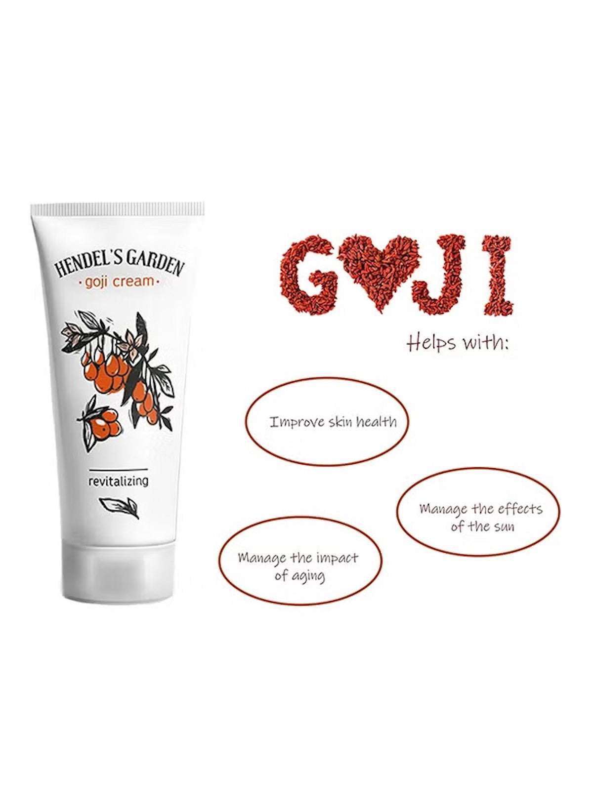 Hendel's Garden Goji Anti Aging Cream in a tube with benefits for skin health and aging management