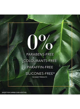 Parabens-free, colorants-free, and silicone-free claims panel on green leaf background