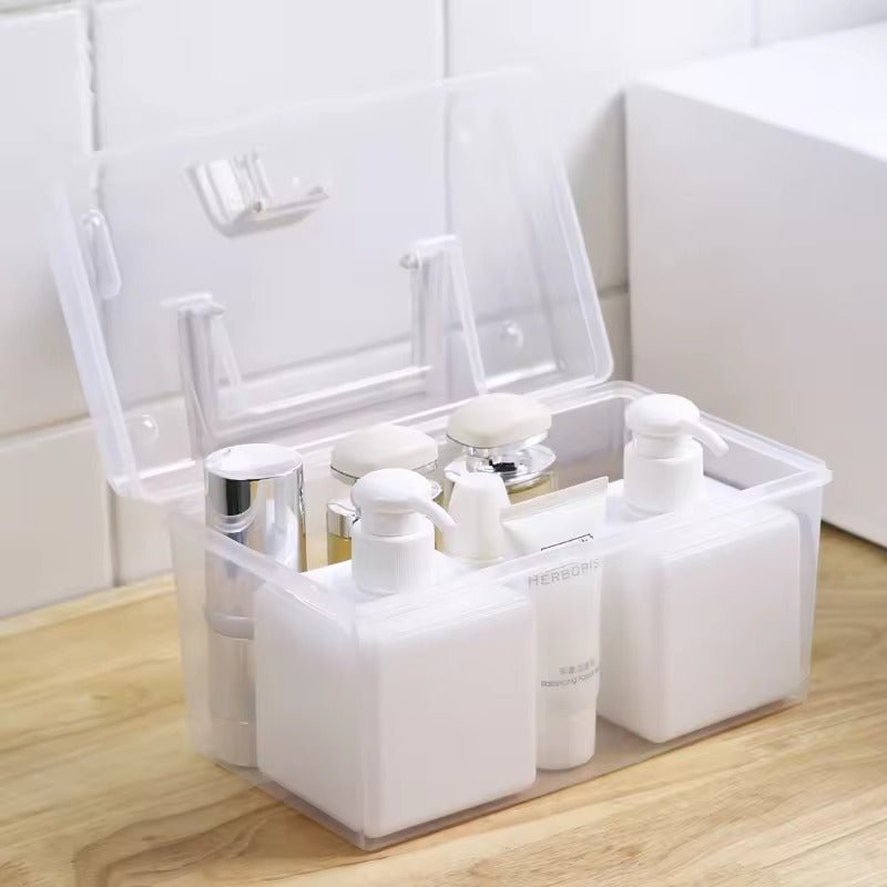 Huitich clear plastic medication organizer case with multiple compartments holding bottles and tubes