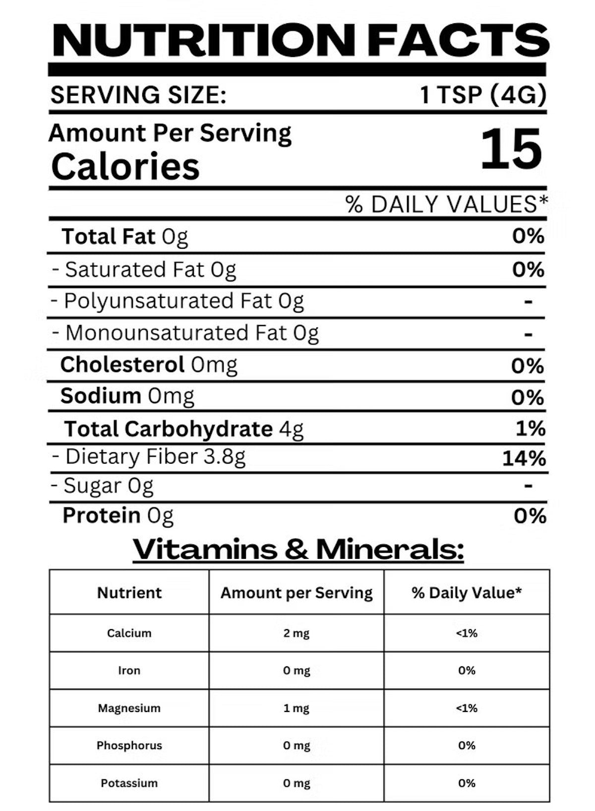 HERITAGE HARVEST premium arabic gum powder nutrition facts label detailing serving size and nutrients