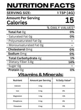 Nutrition facts panel for Arabic gum supplement, serving size 1 tsp (4 g)