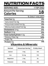 Nutrition facts panel: 1 tsp (5 g), 18 calories, 4 g dietary fiber
