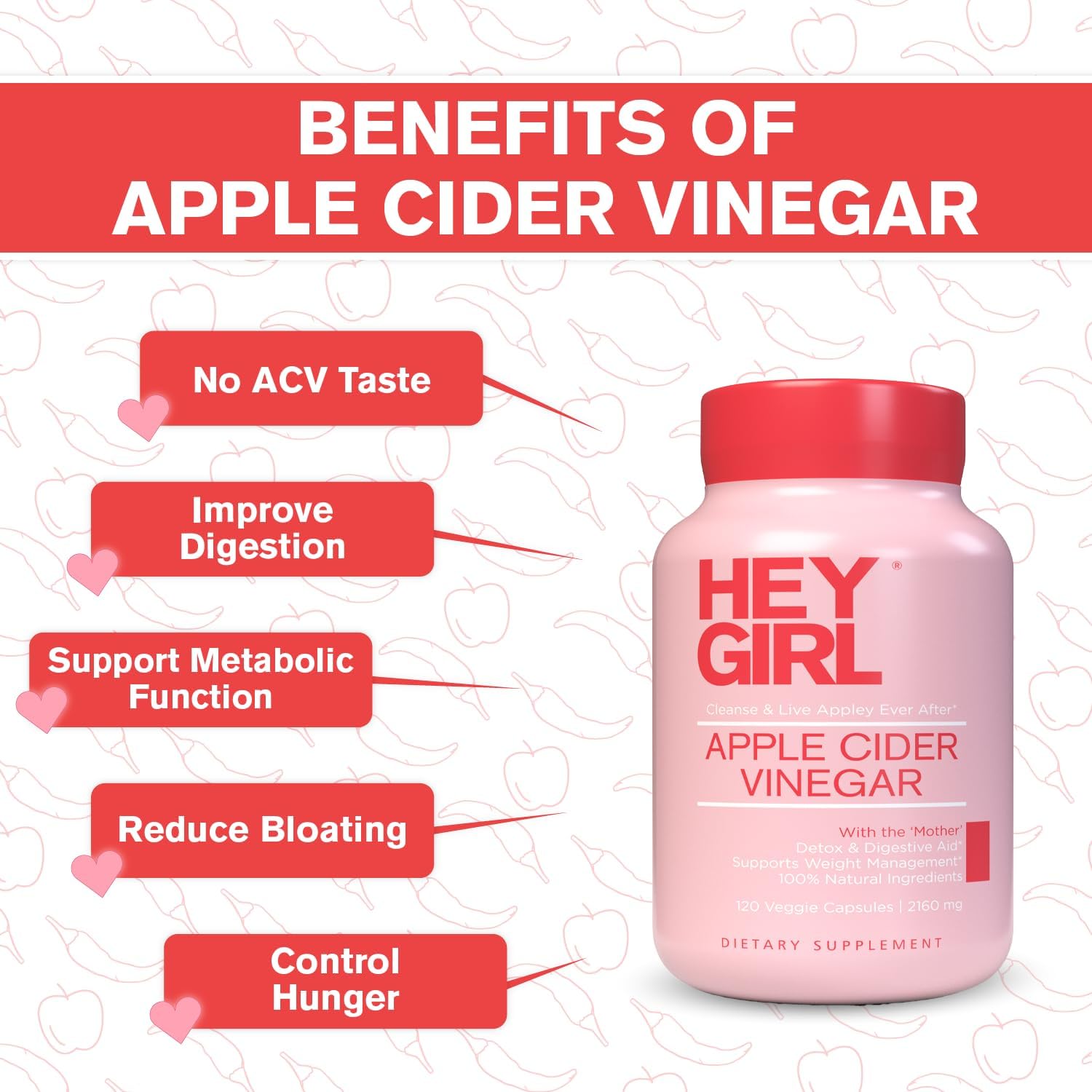 HEY GIRL apple cider vinegar bottle showing benefits improved digestion reduced bloating apple cider vinegar capsules UAE
