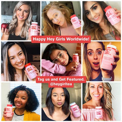 Collage of diverse women holding Hey Girl pink bottles promoting apple cider vinegar capsules UAE with smiles
