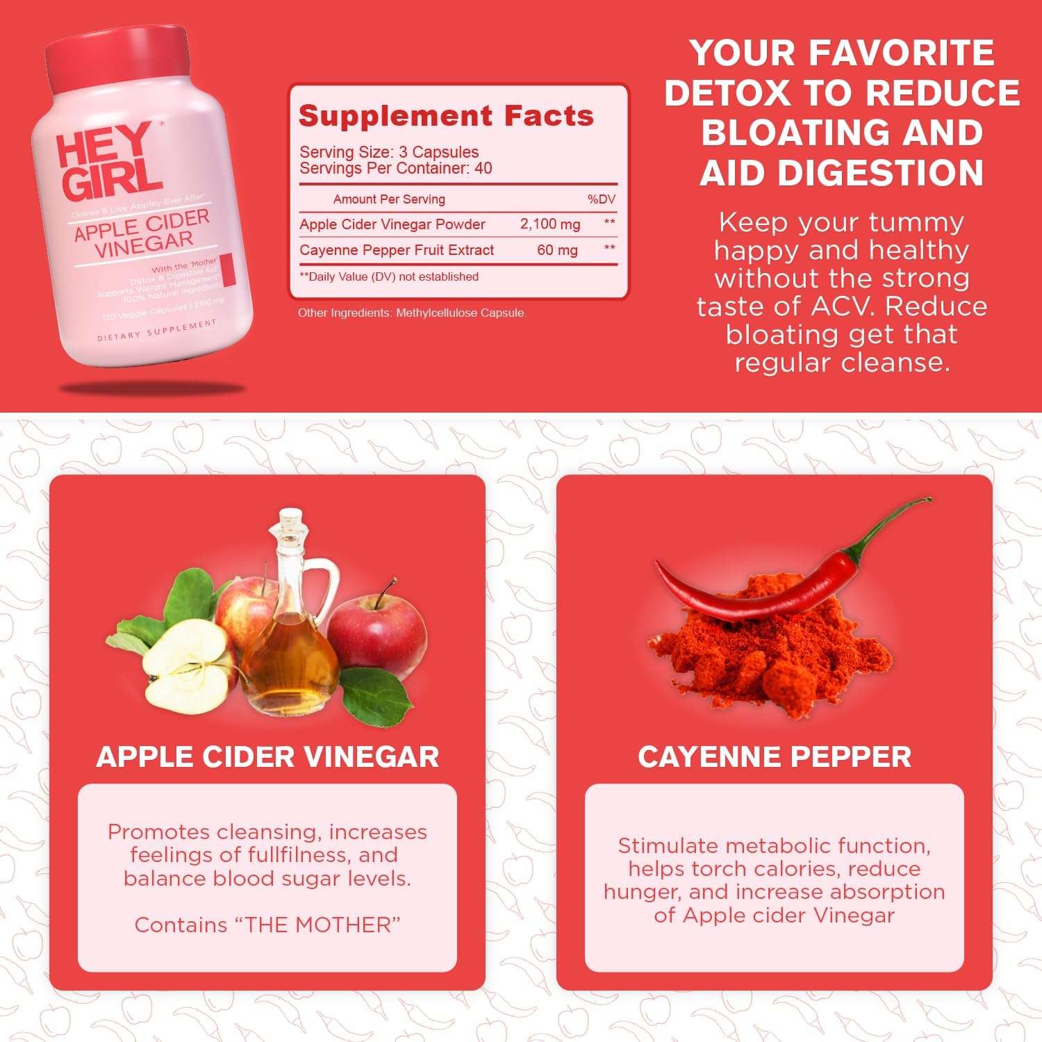 Hey Girl Apple Cider Vinegar bottle with label and supplement facts showing ingredients apple cider vinegar capsules UAE