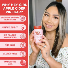 Smiling woman holding Hey Girl apple cider vinegar bottle next to benefits panel apple cider vinegar capsules UAE