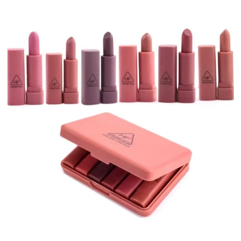 Huitich mini lipstick set featuring six shades of muted pink and nude colors in slim matte tubes