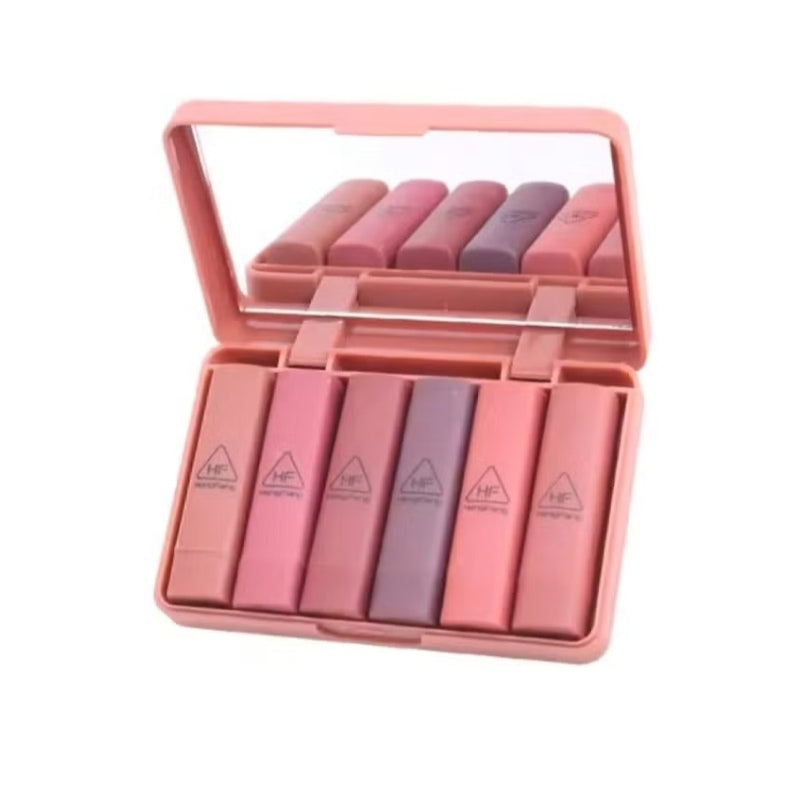 Huitich mini lipstick set with five pink and nude shades in a compact pink case with mirror
